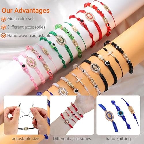 Gorgeoos 24Pcs Red Lucky Mexican Bracelets Set - Virgin Mary & San Judas Catholic Bracelets with Evil Eye Beads Glass Beads Red String Protection Bracelet for Women Men Anklet Gift Spiritual Jewelry thumbnail 2