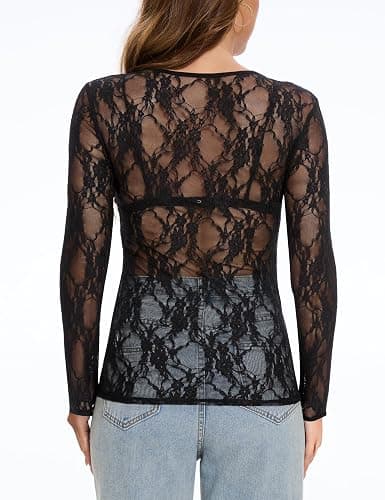 YLIRJ Women's Lace Long Sleeve Tops Mesh Sheer Blouse See Through Floral Concert Outfits Party Lace Undershirt thumbnail 2