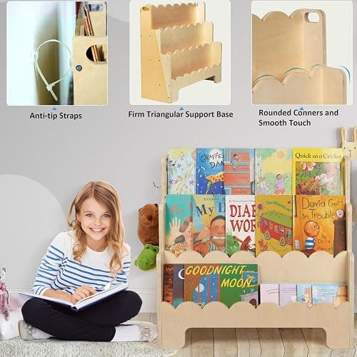 Tohiasen Kids Bookshelf Wooden 3-Tier, Scalloped Book Shelf for Kids Rooms, Front Facing Toddler Montessori Bookshelf, Baby Nursery Book Shelves Kids Classroom Bookshelf Bookcase thumbnail 4