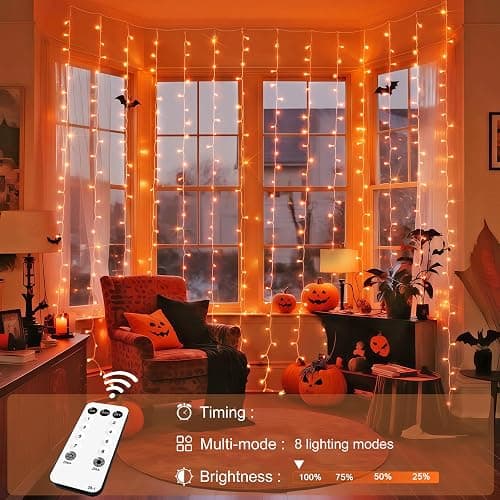 JMEXSUSS 300LED Orange Halloween Lights with Remote, 9.8x9.8ft Halloween Curtain Light, 8 Modes Orange Hanging String Lights Plug in for Fall Bedroom Thanksgiving Window Party Indoor Outdoor Decor thumbnail 4