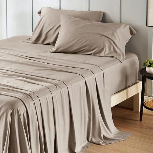 Bedsure King Size Sheets Set, Cooling Sheets for Hot Sleepers, Rayon Derived from Bamboo, Breathable & Soft, Deep Pocket Up to 16 Inches, Hotel Luxury Silky Bedding, Simply Taupe - Image 1