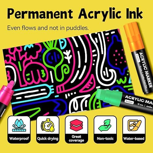 SRUOLOC 12 Neon Colors Jumbo Markers, 15mm Jumbo Felt Tip, Acrylic Paint Markers for Rock Painting, Poster, Stone, Ceramic, Glass, Wood, Canvas thumbnail 4