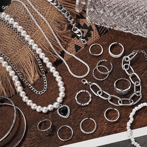 IFKM 36 PC Silver Plated Jewelry Set With 3 Necklace, 12 Bracelet, 7 Ear Cuffs Earring, 14 Knuckle Rings For Women Girls Valentine Anniversary Birthday Friendship Gift thumbnail 2
