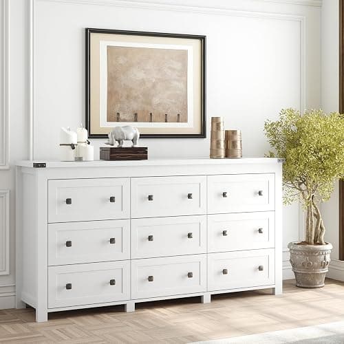 Boonatu Dresser for Bedroom with 9 Drawers, Wood Dressers Chest of Drawers with Metal Handles, Modern Bedroom Dresser with Drawers for Closet Hallway, Living Room, White thumbnail 2