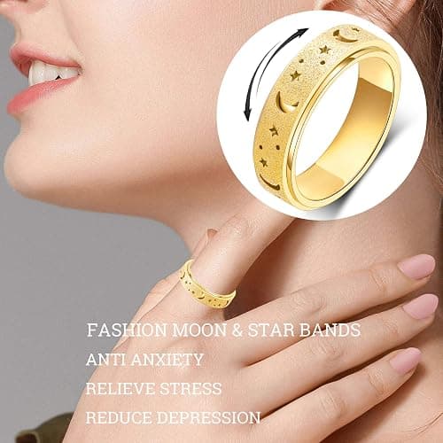 OreilleStar Anxiety Ring for Women Spinner Ring Stainless Steel Fidget Toys Adults Fidget Spinner Ring Fidgit Ring (Moon Star-Gold, 8) thumbnail 3