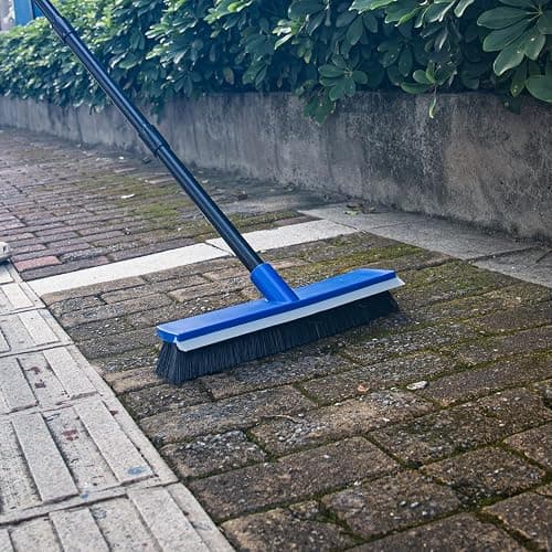 16 Inch Push Broom Outdoor 2 in 1 with Rubber Squeegee and Stiff Bristle Deck Brush 58" Long Handle for Deck Patio Garage Warehouse Driveway Concrete Floor Cleaning Scrubbing(Blue) thumbnail 2