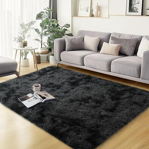 qulint 3x5 Area Rugs for Bedroom, Fluffy Soft Shag Rugs for Living Room, Small Fuzzy Plush Shaggy Carpets for Boys and Girls Dorm Room Home Decor (3ft x 5ft, Tie-Dyed Black Grey) - Image 1