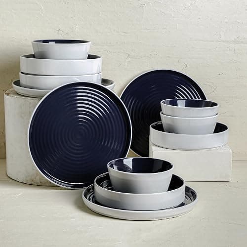 Stone Lain Elica 24-Piece Modern Dinnerware Set Stoneware, Plates and Bowl Sets for 8, Navy and White thumbnail 4