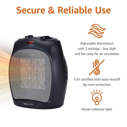 Amazon Basics Ceramic Space Heater, Portable Indoor Heating Solution, With Overheat and Tip-Over Protection, Thermostat, Non-Oscillating, 1500W, 7.52"D x 6.34"W x 9.45"H, Black thumbnail 4
