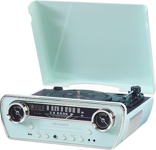 Crosley CR6047A-AB Powel 7-in-1 Bluetooth in/Out Vinyl Record Player with AM/FM Radio, CD Player, and Aux-in, Aqua Blue thumbnail 14