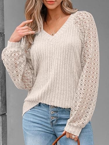 AUTOMET Women Long Sleeve Shirts Fall Lace Tops 2025 Fashion V Neck Winter Sweaters Dressy Casual Tunic Blouse Work Clothing thumbnail 3