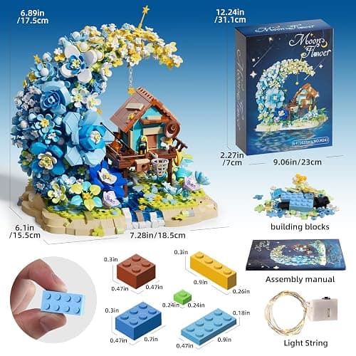 Moon Flower Mini Bricks Building Set, Fairy Cabin and Blue Flower Bouquet, Mini Building Blocks Botanical Collection Set, Unique Home Decor, Gift for Her and Him - 1622 Pcs Mini Bricks thumbnail 6