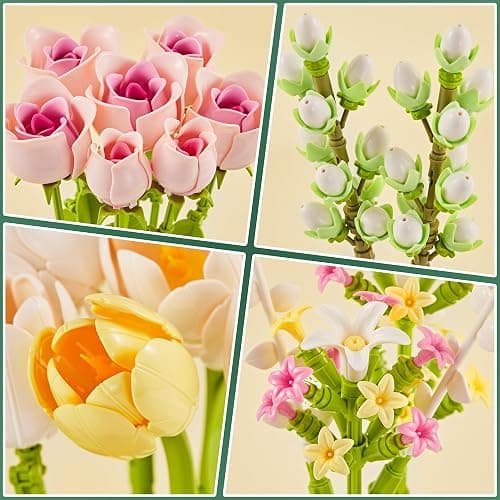 EWED Tulip and Rose Flowers Bouquet Building Sets 18-Pack, Halloween Christmas Valentine's Back to School Gift for Women Girl Girlfriend, Artificial Flower Kits Plant Botanical Collection Home Decor thumbnail 6