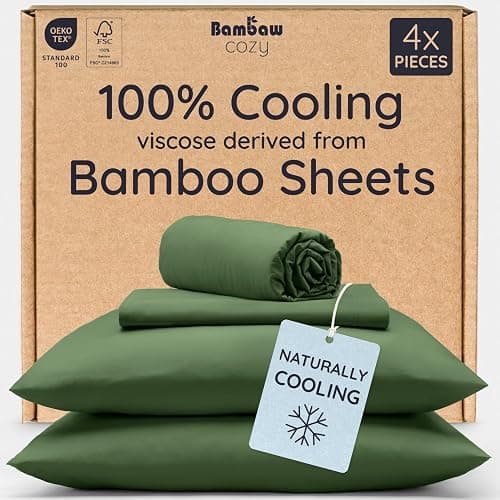 Bambaw 100% Viscose Derived from Bamboo Sheets Queen Size Set – 4pcs Cooling Sheet Set, Super Soft Sheets Queen Size, Luxury Bedding, Deep Pocket Fits Up to 16'' Mattresses (Olive) - Image 1