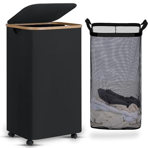 efluky Laundry Basket with Wheels, Tall Rolling Laundry Hamper with Lid and Removable Bag, Aesthetic Dirty Clothes Hamper on Wheels for Laundry Room, Bedroom, Dorm and Bathroom, 100L Black - Image 1