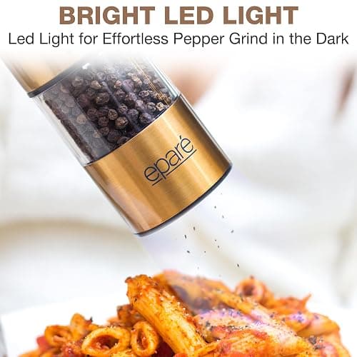 Eparé Brass Salt and Pepper Mill - Battery Operated Gold Pepper Grinder with Ceramic Burr - Automatic Steel Peppermills With LED Light - Gold or Brass Color thumbnail 6