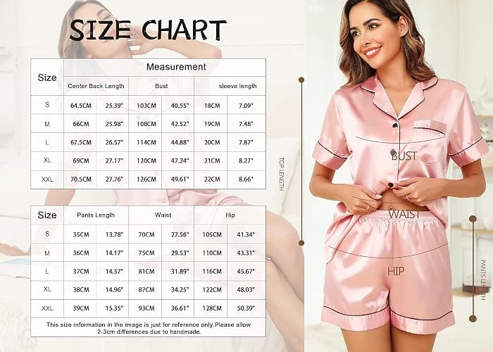 Vlazom Damen Satin Schlafanzug Kurzarm Satin Pyjama Set mit Knopfleiste Zweiteiliger Hausanzug thumbnail 6