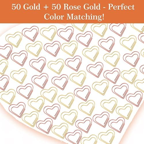 Love Heart Paper Clips, 100 Pack (Gold and Rose Gold), Cute Love Shaped Stainless Steel Metal Bookmarks for Document Note Sorting, Wedding Decoration, Crafts, Kids, Office Supplies thumbnail 6