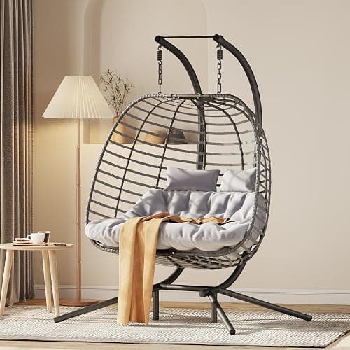 Double Hanging Egg Chair wth Stand, Patio Hammock Swing Chair with Cushion Loveseat for Bedroom, Balcony, Garden, Indoor, Outdoor thumbnail 2