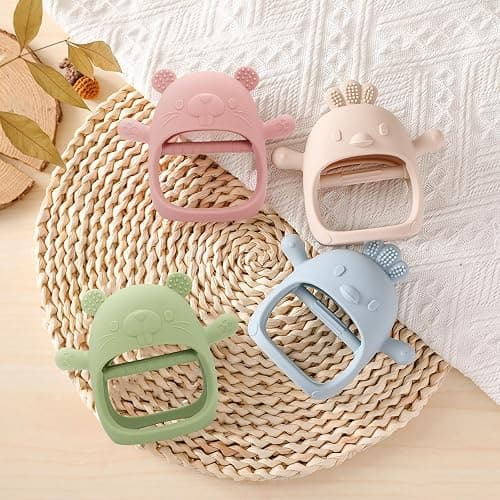 Cseece 2 Pack Teething Toys for Babies, Baby Teething Toys Teething Relief Mitten, Silicone Teether for Baby, Toddler Infant Hand Essentials Chew Toys for Sucking Needs (White/Pink) thumbnail 4