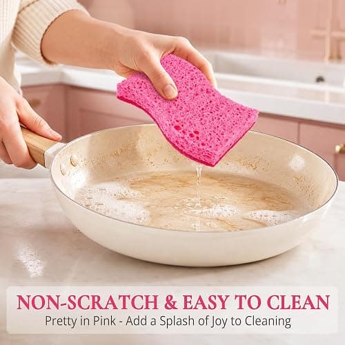 12 Pack Non-Scratch Kitchen Sponges, S-Shaped Pink Dish Sponges for Kitchen | Biodegradable Cellulose & Non-Scratch Scrubber, Household Gentle Cleaning Sponges for Pots Pans Stemware Porcelain Bathroom thumbnail 6