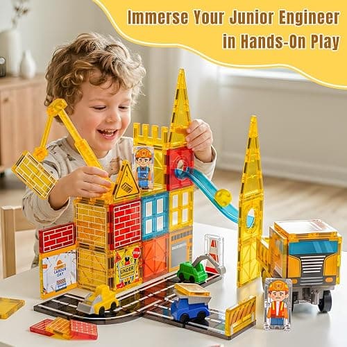 SKTMYY Magnetic Tiles Construction Toys with Road & Crane & Marble Run, Double-Sided Fire Station & Building Magnet Tiles for Kids Ages 4-8, STEM Magnetic Blocks Gifts for 3 4 5 6 7 8 Year Old Boys thumbnail 4
