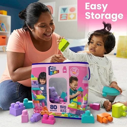 MEGA BLOKS First Builders Toddler Blocks Toys Set, Big Building Bag with 80 Pieces and Storage, Pink, Ages 1+ Years - Pink Bag thumbnail 7