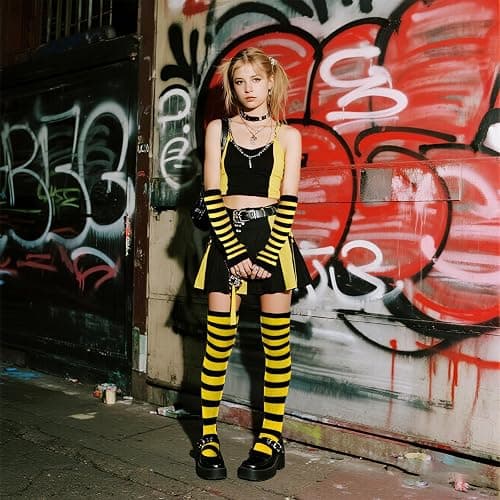 Tongcloud Women's Striped Knee High Socks, Over Knee Thigh High Socks, Arm Warmer and Fingerless Gloves Set thumbnail 3