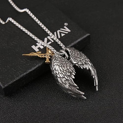 HZMAN Angel Wing Necklace for Men Women Stainless Steel Gothic Punk Angel Wing Cross/Angel Pendant Faith Amulet Jewelry Gift thumbnail 4