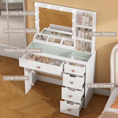 YaoYaoJia Makeup Vanity Desk with Mirror and Lights,35.4" White Vanity with Glass Top,Vanity Table with 5 Drawers,3 Lighting Modes & Brightness Adjustable Dressing Table for Bedroom thumbnail 4