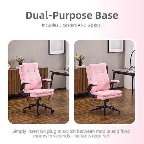 VINGLI Comfy Pink Leather Office Desk Chair,High-Back Ergonomic Computer Small Gaming Chair with/No Wheels,Adjustable Height,Flip-Up Arms,360° Swivel for Vanity,Home Office,Adults,Teen,Girls&Women thumbnail 6