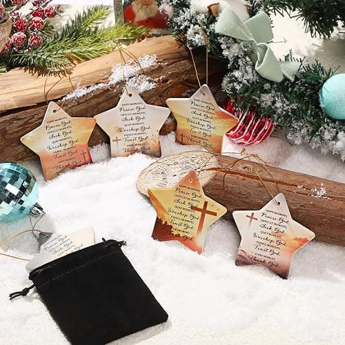 Suilung 6 Pcs Christmas Christian Ornaments Star Shaped Bible Verse Double Side Printing Ceramic Inspirational Religious Gifts Christmas Tree Hanging Decor for Employee Women Men thumbnail 4