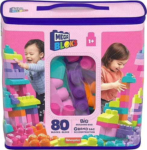 MEGA BLOKS First Builders Toddler Blocks Toys Set, Big Building Bag with 80 Pieces and Storage, Pink, Ages 1+ Years - Pink Bag thumbnail 4