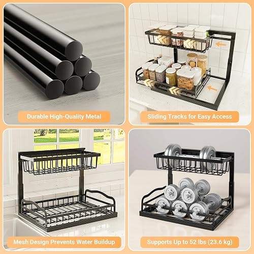 AceMining Under Sink Organizer, 2 Pack Pull-Out Under Cabinet Organizer, 2 Tier Under Sink Storage with Sliding Basket, L-Shaped and Adjustable Height Design for Kitchen and Bathroom thumbnail 5