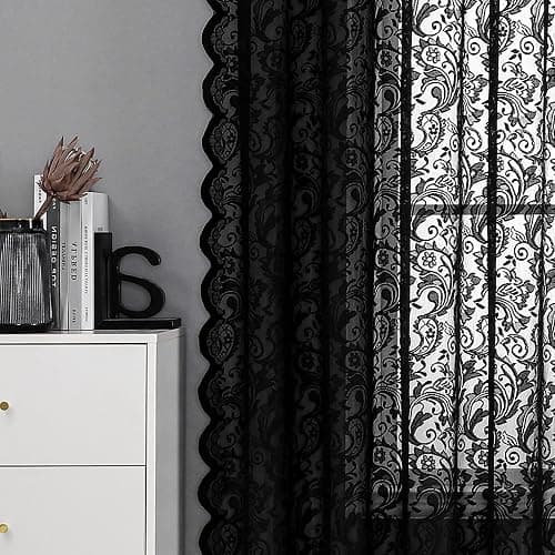 Bujasso Black Sheer Lace Curtains 54 inch Elegant Vintage Floral Short Curtain Panels for Kitchen Living Room Bedroom Light Filtering Black Drapes Window Treatment Sets Rod Pocket 2 Panels 54" Wx54 L thumbnail 7