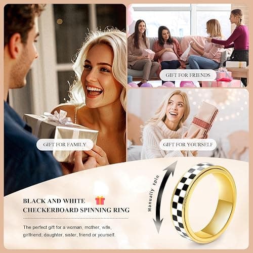 MHWTTY Fidget Ring for Anxiety Women Men, Black and White Checkered Pattern Stainless Steel Spinner Jewelry Anxiety Relief Items for Adults Gold Plated/Silver Size 5-11 thumbnail 4