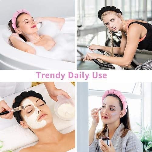 Ztomine Spa Headbands for Washing Face or Facial, Set of 2 Skincare Headbands, Terry Cloth Headband Wash Combo Pack - Puffy Makeup Washing, Mask, Skin Treatment (Black & Pink) thumbnail 3