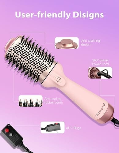 ZM ZHEMEI 1300W Hair Dryer Brush,4 in 1 Blow Dryer Brush Anti-frizz Ceramic Titanium Barrel with ALCI Safety Plug Professional Salon Hot Air Brush for All Hair Types (Rosegold) thumbnail 5