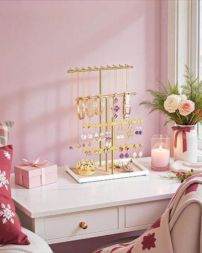 SONGMICS Schmuckständer, Schmuckhalter, Metallrahmen, Schmucktablett Samt, Schmuckaufbewahrung für Halsketten Armbänder Ohrringe Ohrstecker Ringe, Geschenkidee, weihnachten, blassgold JJS036AB01 thumbnail 2