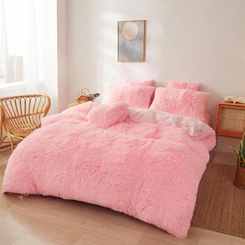 Fluffy Faux Fur Pink Comforter Cover Set Queen - Ultra Soft Plush Pink Bedding Sets 3 Pieces (1 Fluffy Duvet Cover + 2 Faux Fur Pillow case) Cute Bed Set (Light Pink, Queen) thumbnail 2