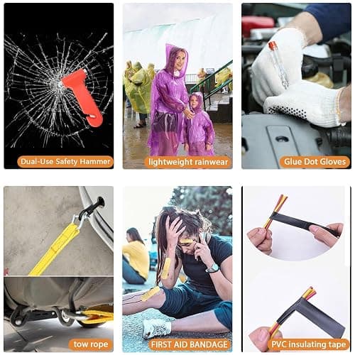 LIANXIN Car Roadside Emergency Kit, with Jumper Cables Automotive Kit,Car Safety Roadside Assistance Kit Headlamp,Tow Straps, Safety Hammers, Rainwear, Gloves.Black thumbnail 6