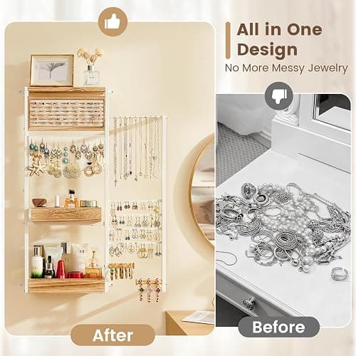 Pinzoveco Hanging Jewelry Organizer Wall Mounted, Large Hanging Jewelry Organizer Holder for Necklaces,Bracelest,Earrings,Rings,Watched,Makeup & Perfume (White) thumbnail 4