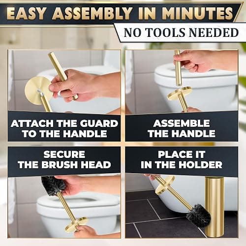 Gold Toilet Brush and Holder Set - Brushed Stainless Steel Gold Toilet Bowl Brush and Holder with Replaceable Head, Removable Inner Bowl, and Splash Protection - Dense Bristles for Thorough Cleaning thumbnail 6