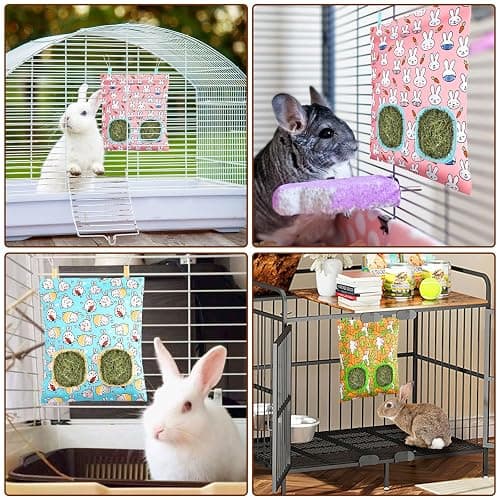 UPINS 3 Hay Bag for Rabbits 2-Hole Hanging Hay Feeder Guinea Pig Hay Bags, Hay Feeder for Rabbits Chinchillas Hamsters Small Pets and Animals(Light Color) thumbnail 7