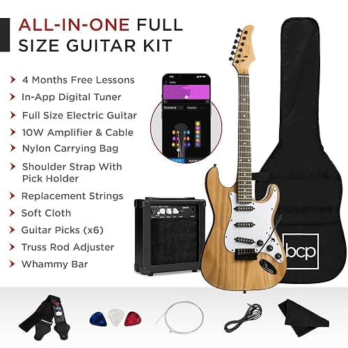 Best Choice Products 39in Full Size Beginner Electric Guitar Starter Kit w/Case, Strap, 10W Amp, Strings, Pick, Tremolo Bar - Natural - Natural thumbnail 3