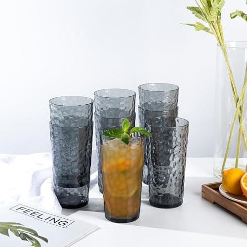 ZAINCA 24-ounce Plastic Tumblers, Acrylic Drinking Glasses High-Balls, set of 8 Grey, Reusable Plastic Cups, Hammered Style Stackable, BPA-Free, Shatter-Proof, Dishwasher-Safe thumbnail 2