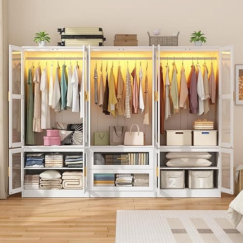 6 Doors Armoire Wardrobe Closet with LED and Mirror,71" H Freestanding Wooden Wardrobe Closet Cabinet for Bedroom w 2 Drawers,Wooden Clothing Storage Cabinet w Hanging Rod,Closets for Bedroom(White) thumbnail 4