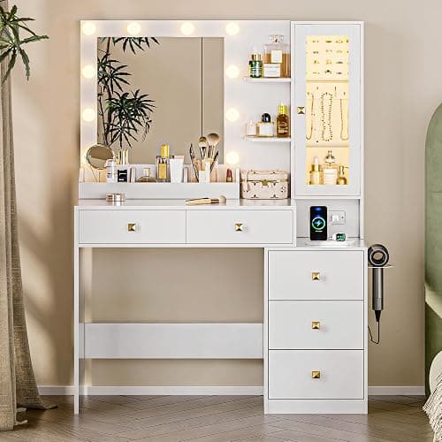 HUANLEGO Vanity Desk with Mirror and Lights, White Makeup Vanity Mirror with Lights Desk with 5 Drawers, Jewelry Organizer& LED Glass Cabinet, 3 Light Mode Dressing Table Set for Girls, Women - Image 1