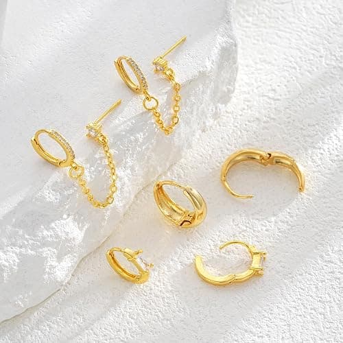 Gold Earrings Set for Women, 14k Gold Plated Dangle Huggie Earrings Sets for Multiple Piercing, Hypoallergenic Stackable Small Gold Chain Hoop Earrings for Women Jewelry thumbnail 5