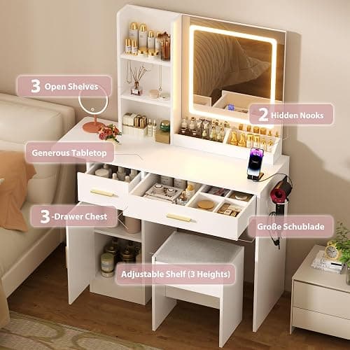 ERLEJIA Vanity Desk with Mirror and Lights & Extral Foldable Desk, 43.3" Makeup Vanity Table with Stool and Plug Outlet, 5 Drawers and 3 Open Shelves Dressing Table for Bedroom, White thumbnail 4